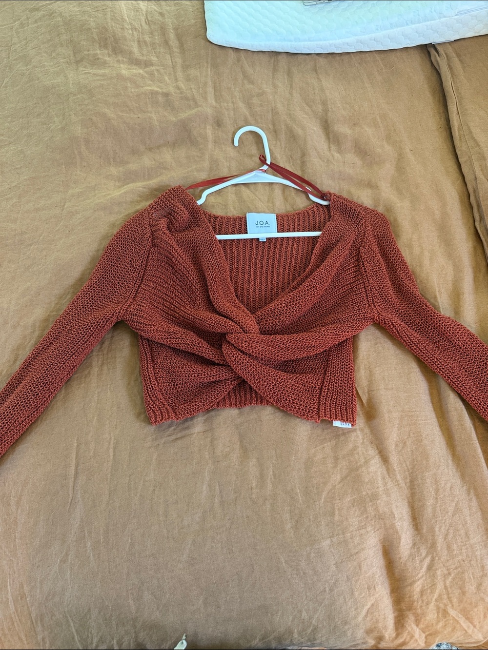 J.O.A. Rust Twist-Front Off-Shoulder Cropped Sweater
